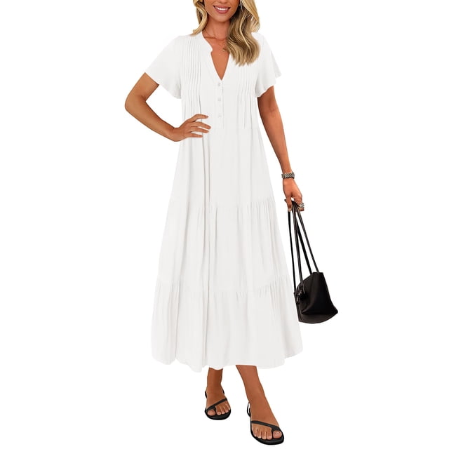 Vestido de verano KIRUNDO 2025, cuello en V, plisado, holgado, blanco