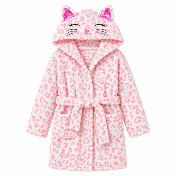 Lalune Duciel Girls Hooded Flannel Bathrobe with Embroidered Cat Design, Soft Kids Robe, Pink Leopard, Size 7-8Y