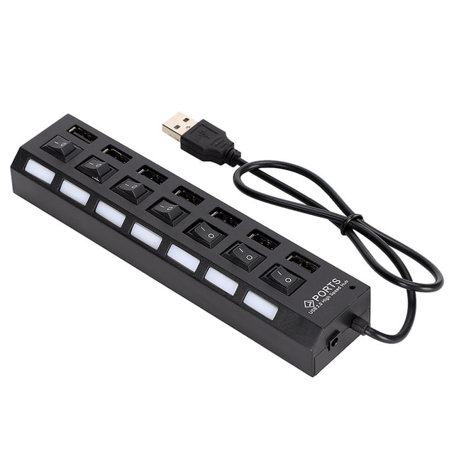 Estación de acoplamiento USB con concentrador de 7 puertos, color negro, 480 mbps, con interruptor para protección de corriente de sobrecarga, 7 puertos, color negro