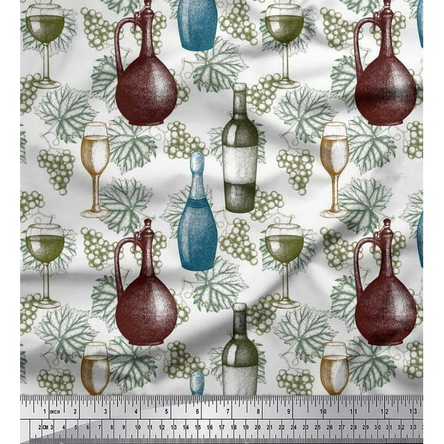 Pomme Poly Georgette Bouteille de Vin Tissu, Feuilles et Raisins Fruits Impression Tissu par la Cour 42 Pouces de Large