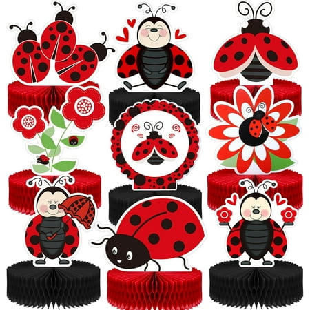 Wellsay 9 Pcs Ladybug Party Decoration Supplies, Various Cute Ladybug Centerpiece Table Decorations for Baby Shower Birthday Cake, Creative Honeycomb Paper Fancy Ball Table Tor 3D Party Decor