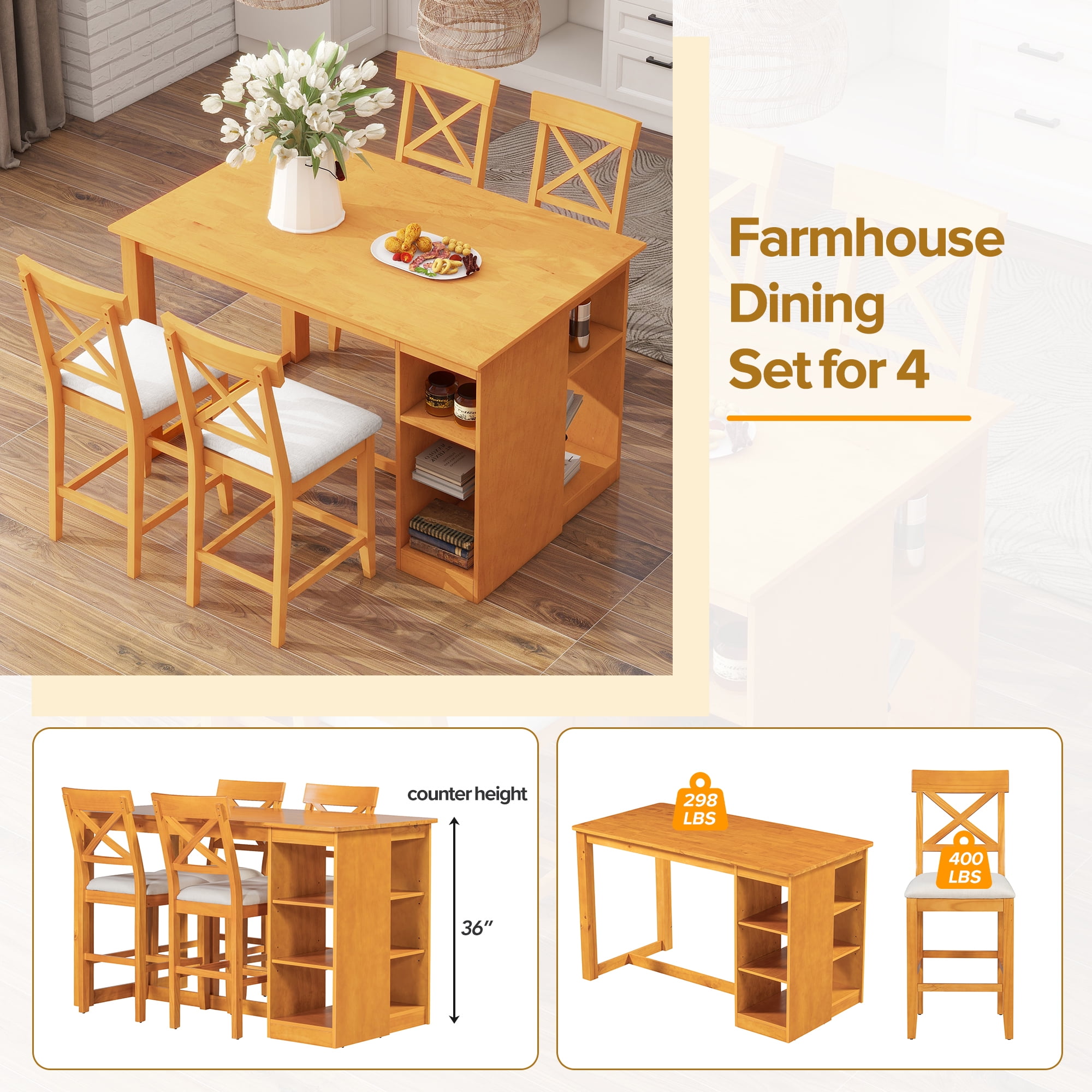 Euroco 5 Piece Counter Height Dining Table Set, Solid Wood Farmhouse Kitchen Table Set with Open Storage Shelves for 4,Peferct for Small Place,Brown