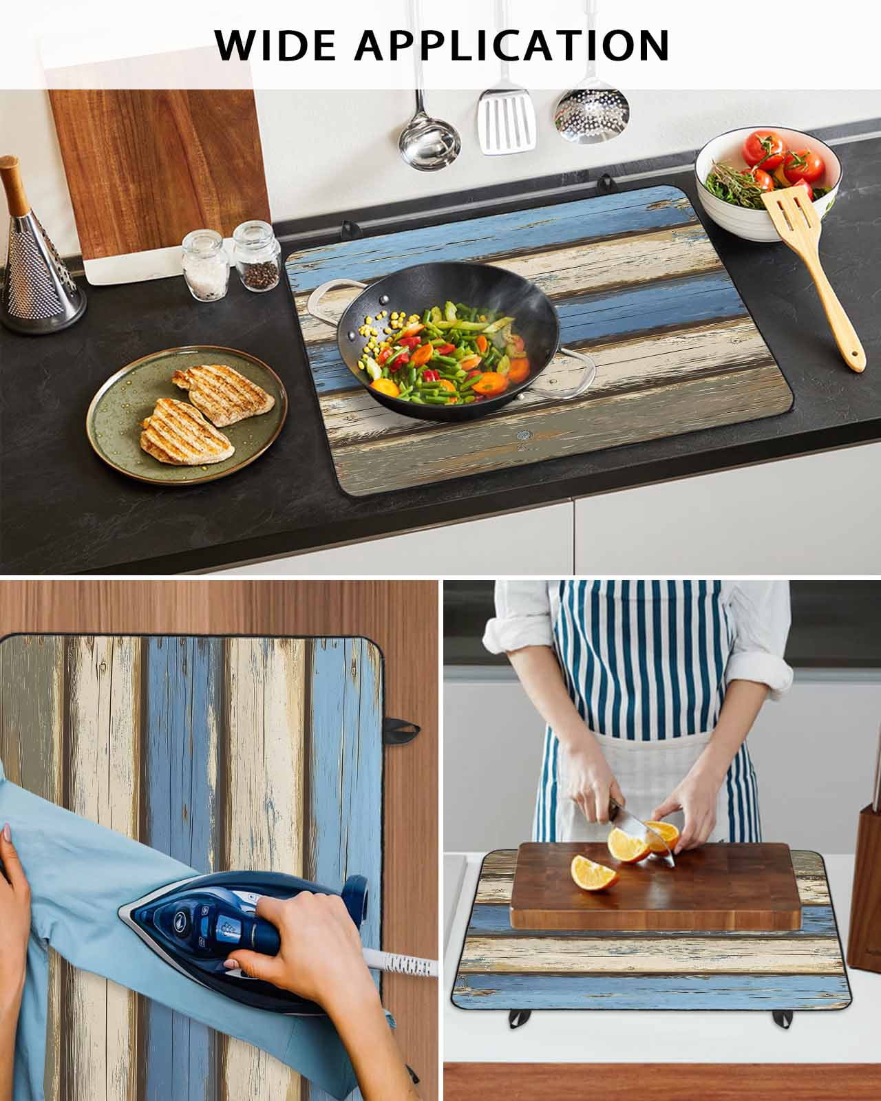 nqOlkjepod Large Induction Cooktop Protector Mat 36"x21", Blue Beige Wood Grain Stove Top Covers for Electric Stove, Modern Shabby Chic Board Stove Burner Cover Mats, Glass Top Stove Cover