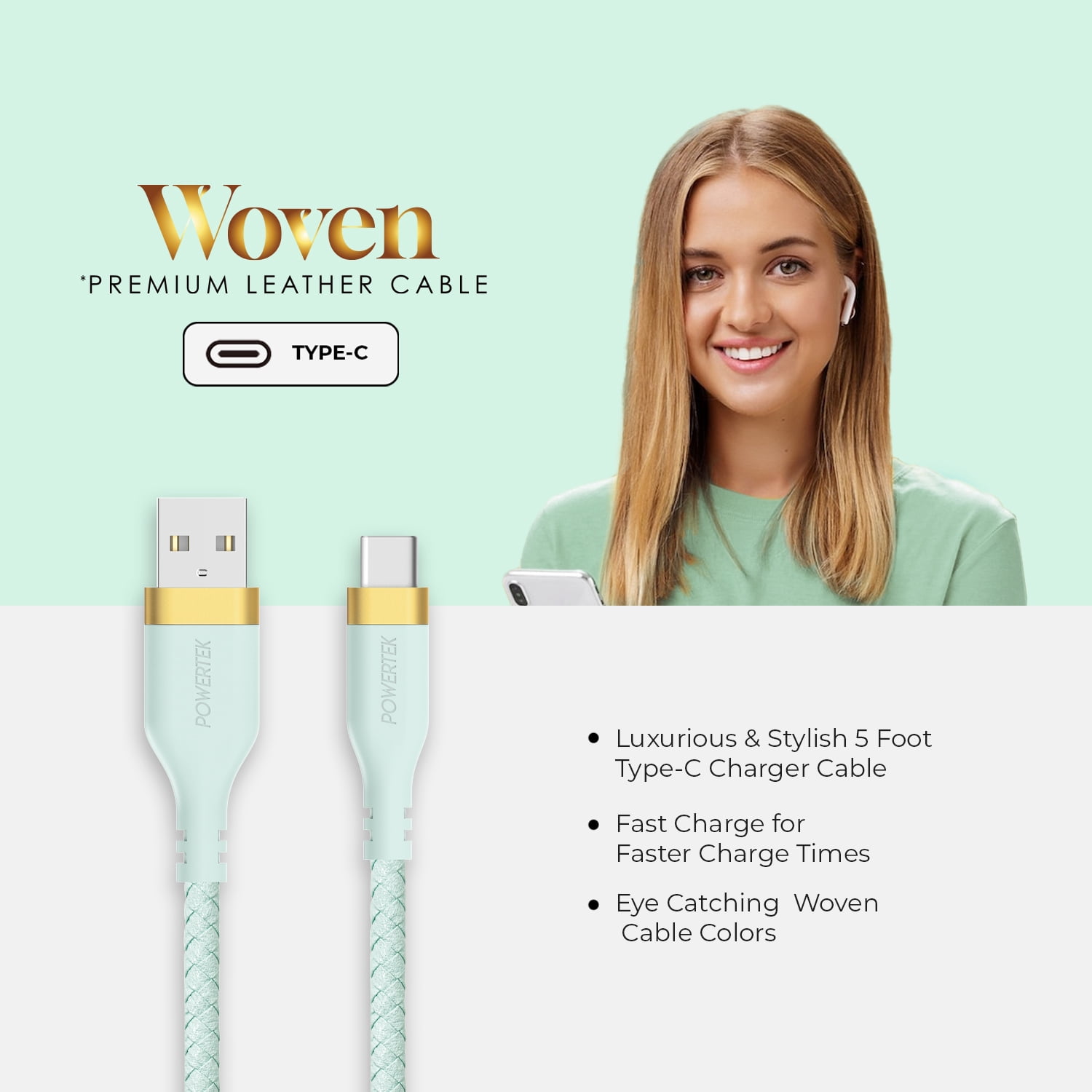 Liquipel Powertek Woven USB-A to USB-C - Mint