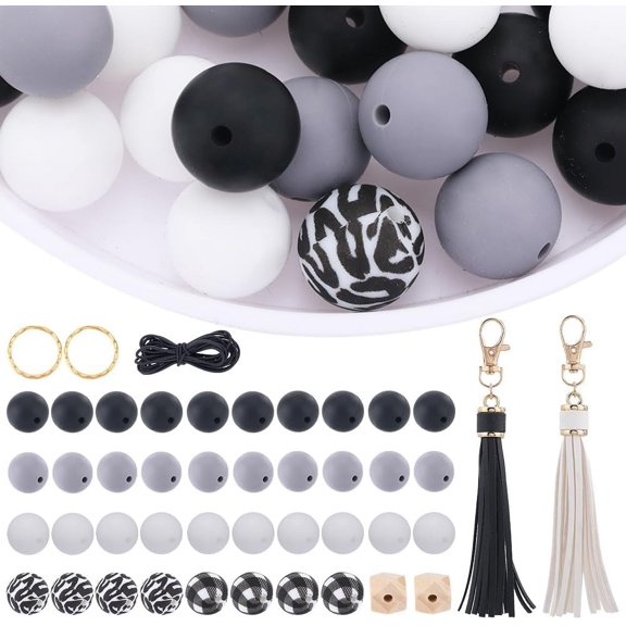 Silicone Bead Keychain Making Kit Black White Silicone Bead Bulk Rubber Assorted Round Ball Charms