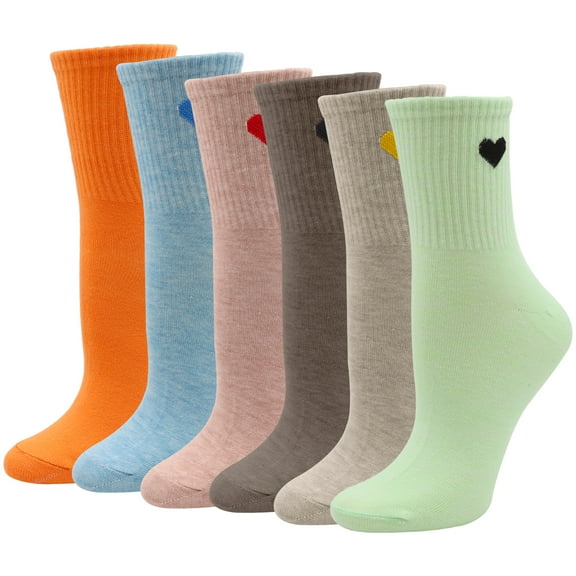 VEGCOO Women's 6-Pack Cotton Crew Socks with Heart Design - Mid-Calf Casual Socks for Spring, Fall, Winter