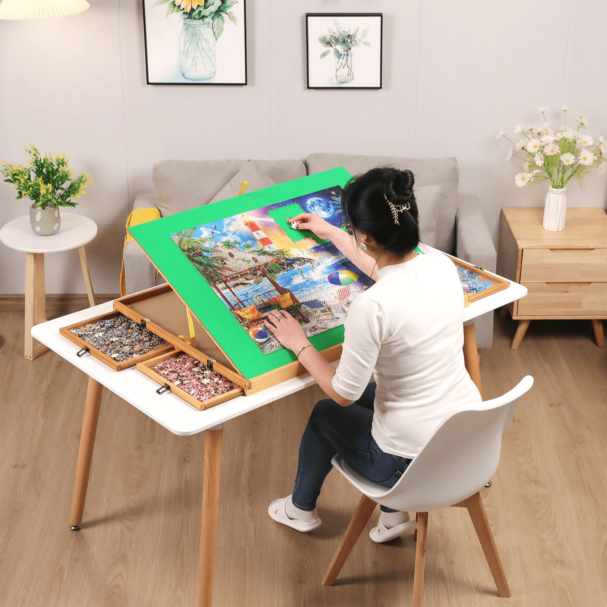Wooden Jigsaw Puzzle Board Table for 1500 Pieces With Drawers and Cover,  Adjustable Puzzle Easel With Handle 