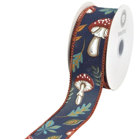 HOMEFORD ESC05 Fall Leaves Mushrooms Faux Linen Wired Ribbon, 1-1/2-inch, 10-yard, Navy