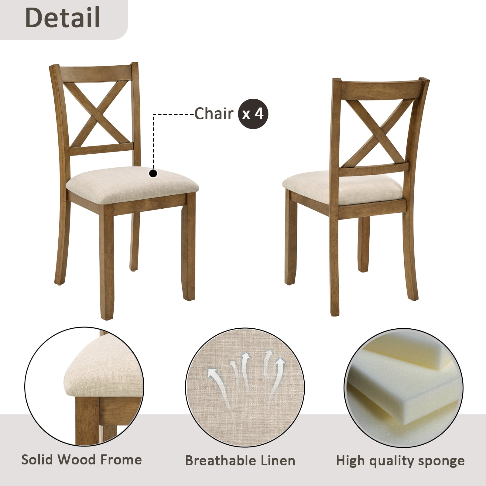 5-Piece Dining Table Set for 4, Square Dining Table with 4 Upholstered Chairs