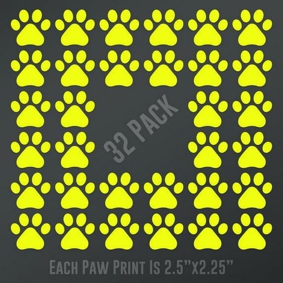 Dog Paw Prints 32-Pack | Each paw 2.5-Inches By 2.25-Inches | Yellow Vinyl