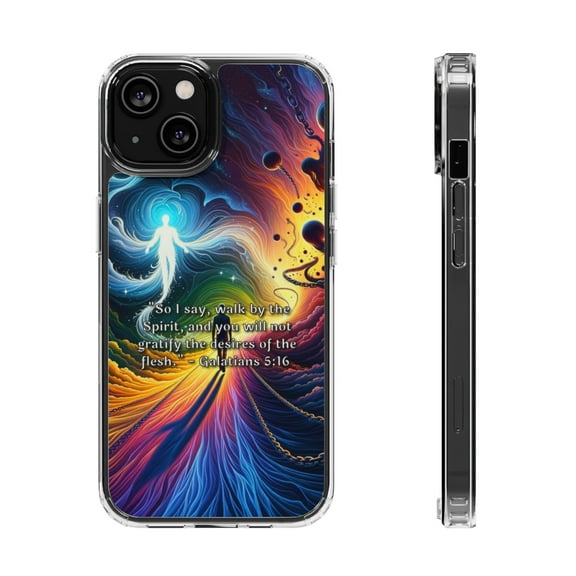 DistinctInk Hybrid (Acrylic / TPU) Clear Slim Fit Case for Apple iPhone 15 (6.1" Screen) - "Walking by the Spirit: Galatians 5:16 Bible Verse"