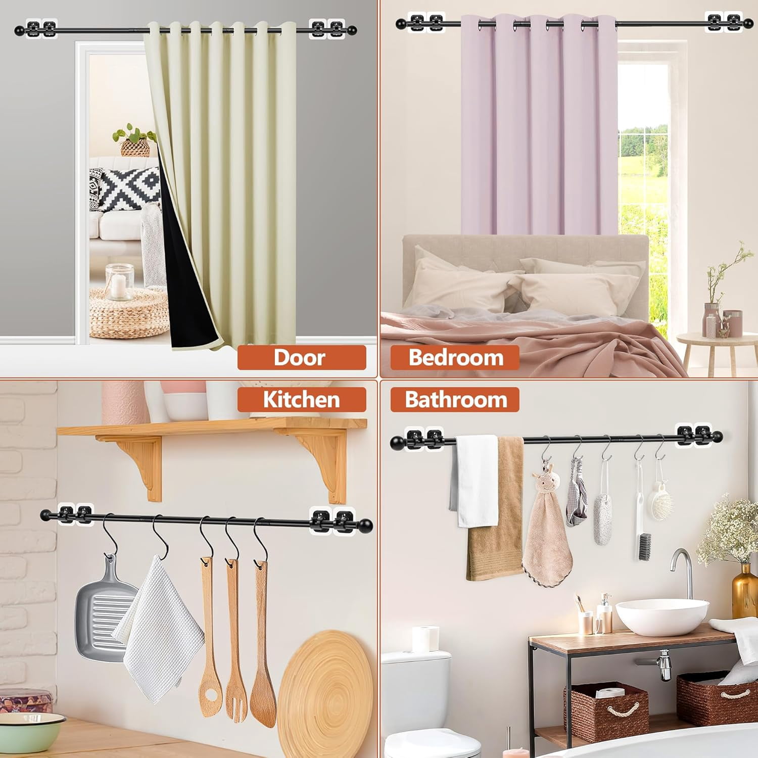 2pcs Curtain Rods No Drilling for Windows | 5/8 Inch Diameter Drapey Pole with No Drill Curtain Rod Brackets, Black, 48 to 84 Inches