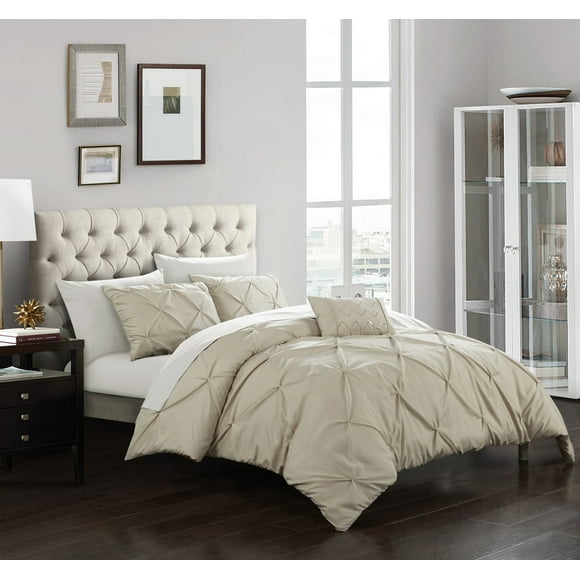Chic Home Daya 4 Piece Duvet Cover Set Pinch Pleat Ruffled Design Embellished Zipper Closure Bedding - Decorative Pillow Shams Included, Queen, Navy
