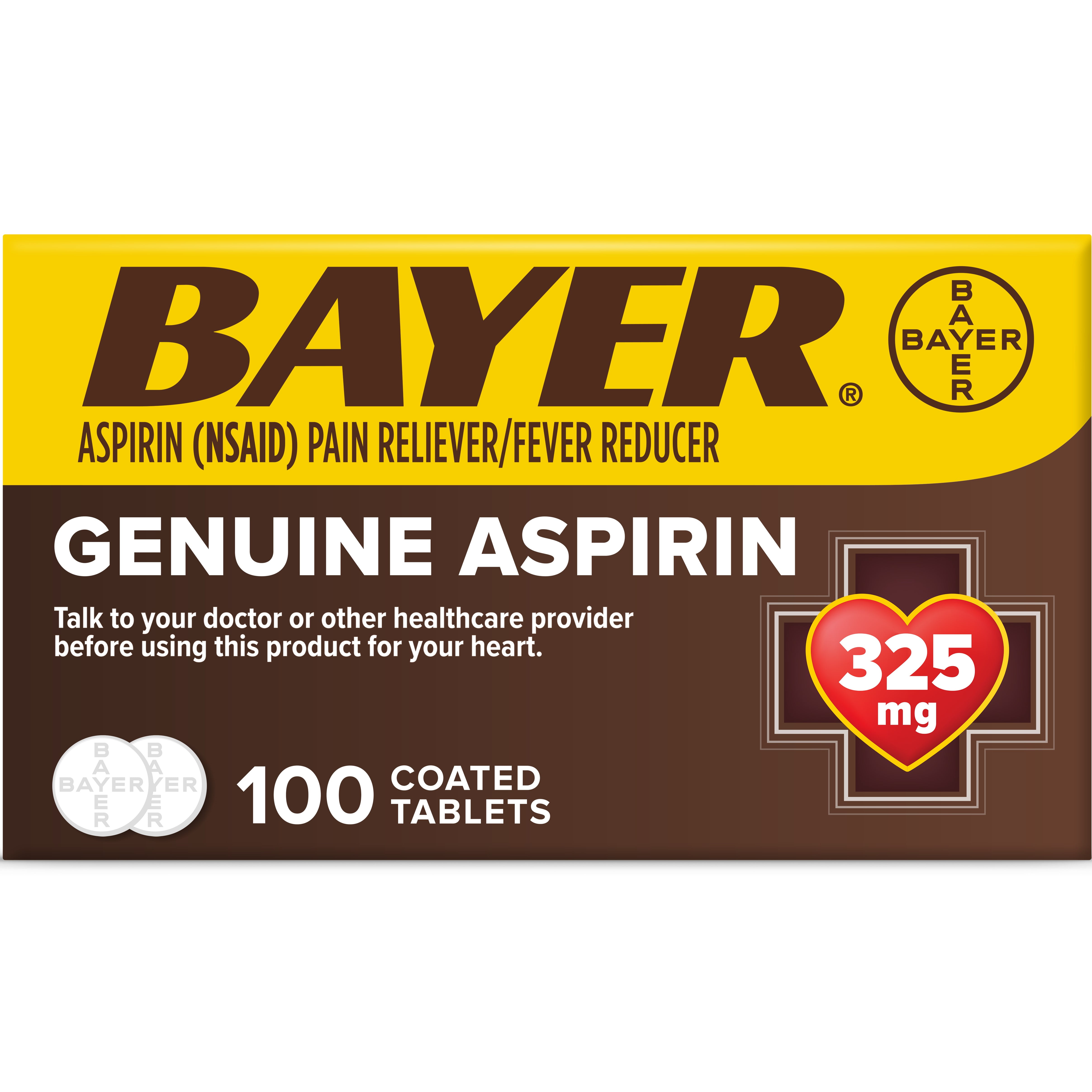 Genuine Bayer Aspirin Pain Reliever / Fever Reducer 325mg Coated Tablets, 100 Ct