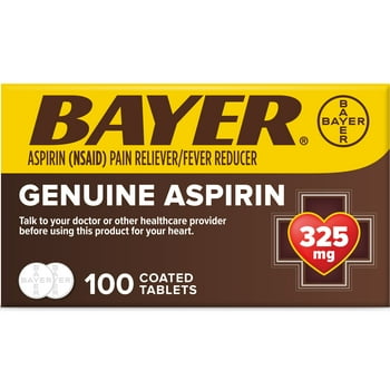 Genuine Bayer Aspirin Pain Reliever / Fever Reducer 325mg Coated s, 100 Ct