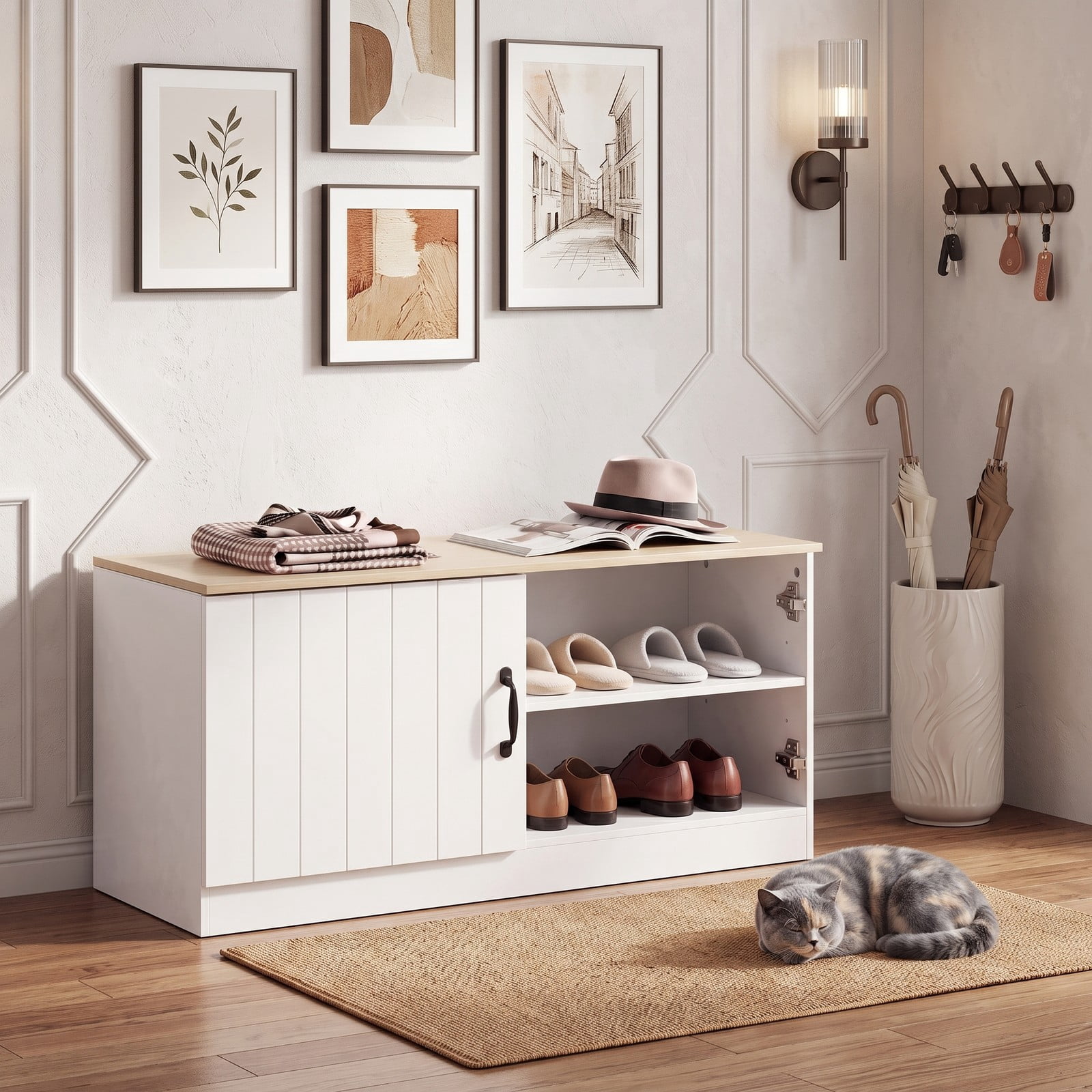 Furnibear 2-Door Shoe Bench Storage Cabinet with Adjustable Shelves and Wide Seat for Entryway Hallway and Bedroom, Natural