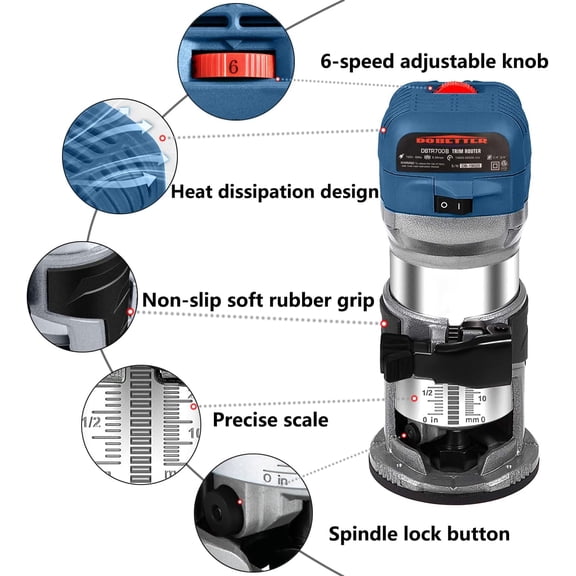 1.25HP Wood Router Tool, 6.5Amp Electric Trim Router, 6 Variable Speed Compact Palm Router Woodworking with 1/4" & 3/8" Collets, 12 Wood Router Bits and Portable Bag -DBTR700B