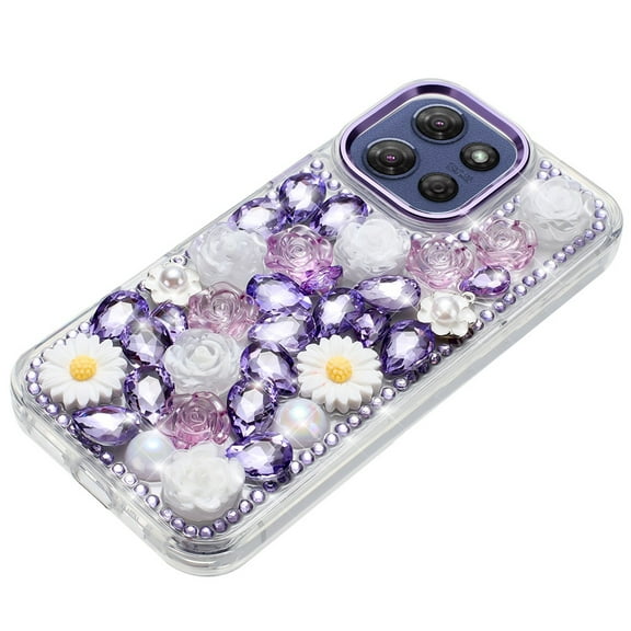 XPM for Motorola Moto G Power 5G 2025 Phone Case, Fashion Daisy Floral Series, Full 3D Bling Crystal Diamonds Sparkling Rhinestone Glitter Hybrid Design Cover for Moto G Power 5G (2025) (Purple)