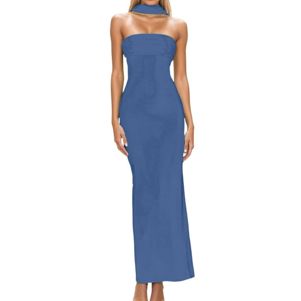Vestido largo con espalda abierta y abertura alta en línea A para mujer - con pañuelo/lazo, poliéster spandex, para fiestas/discotecas, tallas S-XL