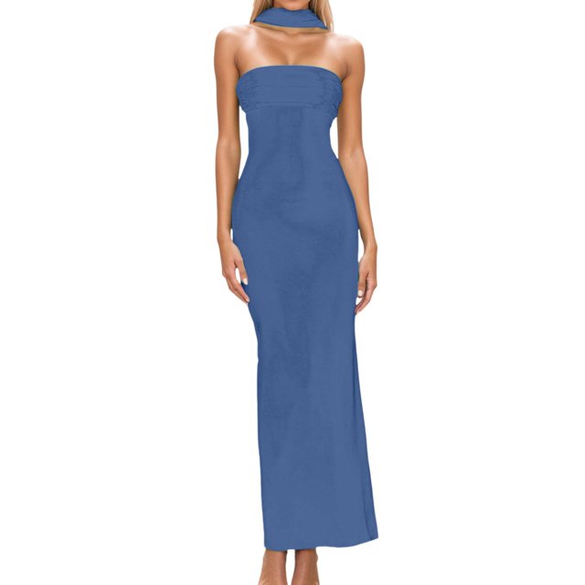 Vestido largo con espalda abierta y abertura alta en línea A para mujer - con pañuelo/lazo, poliéster spandex, para fiestas/discotecas, tallas S-XL