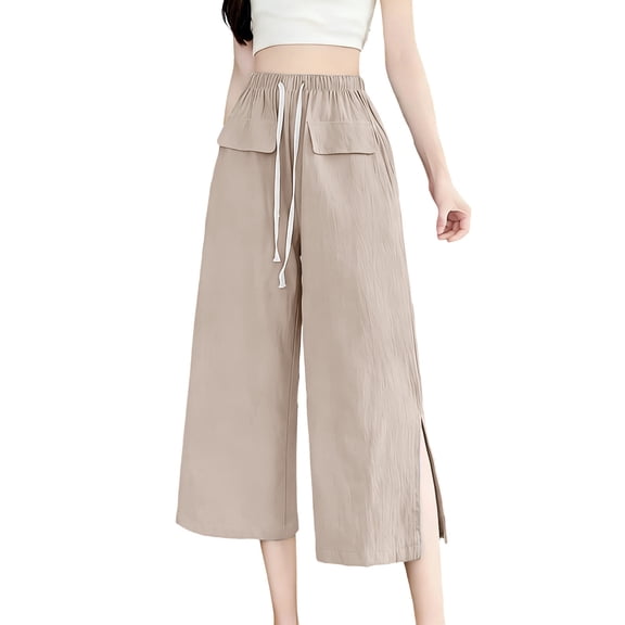 YUGYXL Women Cotton Side Split Capris Straight Leg Loose Fit Cropped Pants Cute Casual Summer Pants with Front Pockets Khaki Pants L