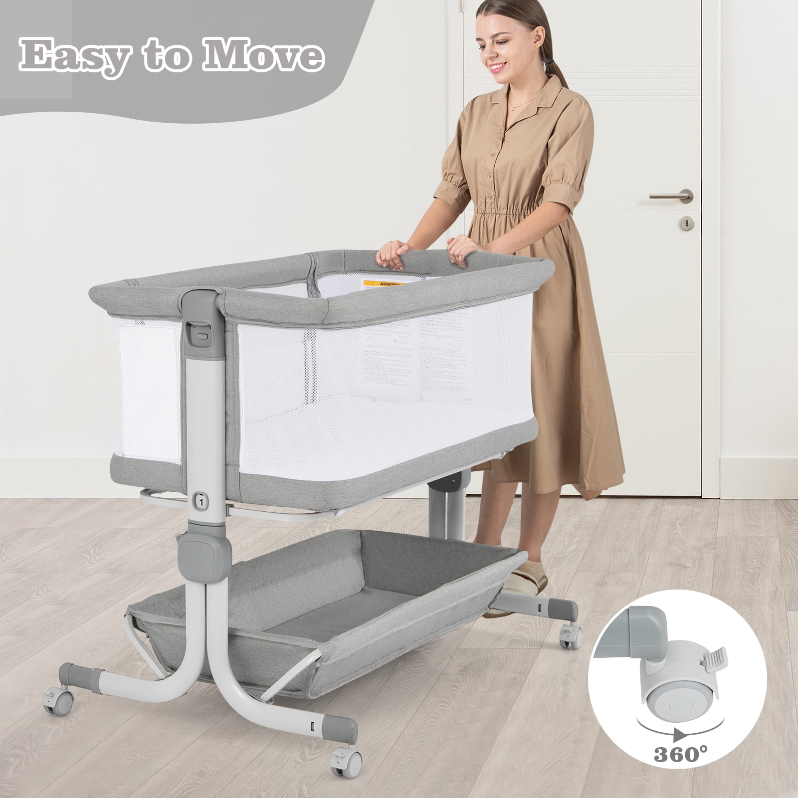 OLAKIDS 3-in-1 Baby Bassinet, Bedside Sleeper with Comfy Mattress, Wheels, 6-Height Adjustable, Storage Basket, Travel Bag, Portable Mesh Crib, Gray