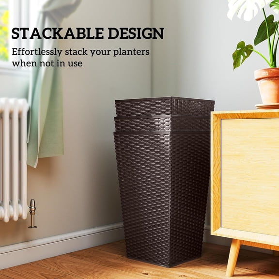 Planters for Outdoor Plants Set of 3, 24 in Taper Planters with Drainage Holes, Rattan Decor Plant Pots for Indoor Outdoor Front Porch Patio Backyard, Brown
