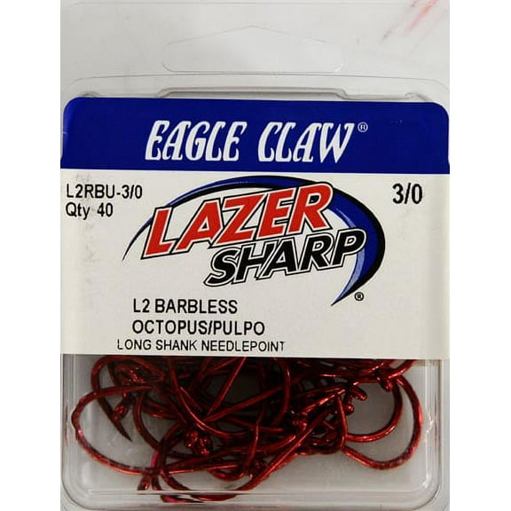 Lazer Sharp L2RBUH-3/0 Barbless Long Shank Octopus Hook, Red, Size 3/0, 40 Pack