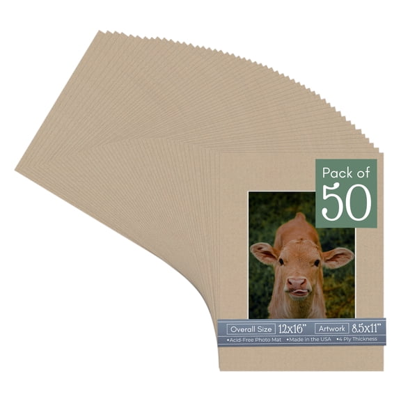 Tawny Brown Picture Frame Mat for 12x16 Frames - Fits 8.5x11 Photos - 50 Mats