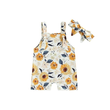 

Calsunbaby Toddler Baby Girls Summer Cute Overalls Clothes Flower Print Sleeveless Jumpsuit + Bow Headband Outfits White Sunflower 9-12 Months