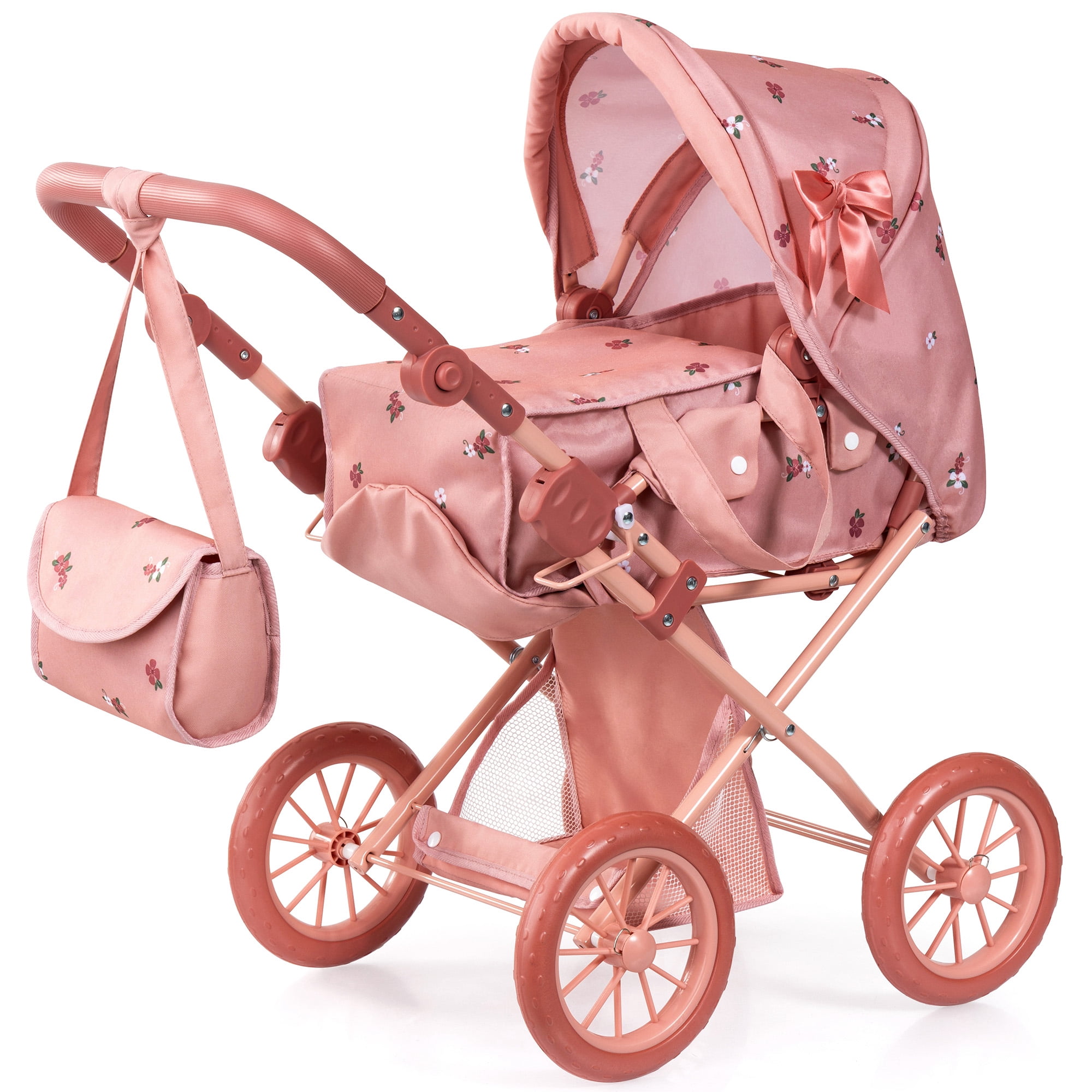 Bayer Design: Doll Pram City Star - Pink & Flowers - 2-In-1 Adjustable Pushchair & Stroller, Removable Carrycot, Handbag, Toy Fits 18" Dolls, Kids 3+
