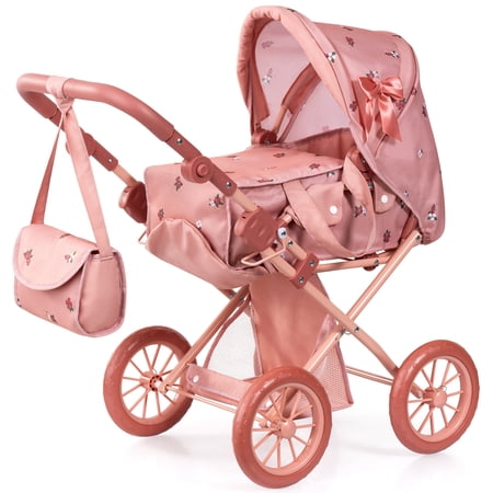 Bayer Design: Doll Pram City Star - Pink & Flowers - 2-In-1 Adjustable Pushchair & Stroller, Removable Carrycot, Handbag, Toy Fits 18" Dolls, Kids 3+