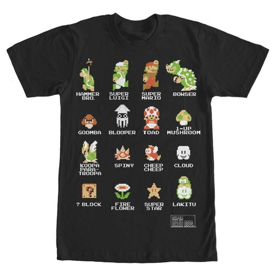 Men's Nintendo Super Mario Bros Pixel Cast with Names Graphic Tee Black 2X Large