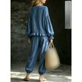 thumbnail image 2 of Women's 2 Piece Outfit, Crew Neck Lantern Long Sleeve Ruffle Hem Top & Elastic Cuff Jogger Pants Linen Look Casual Loungewear Set, 2 of 5