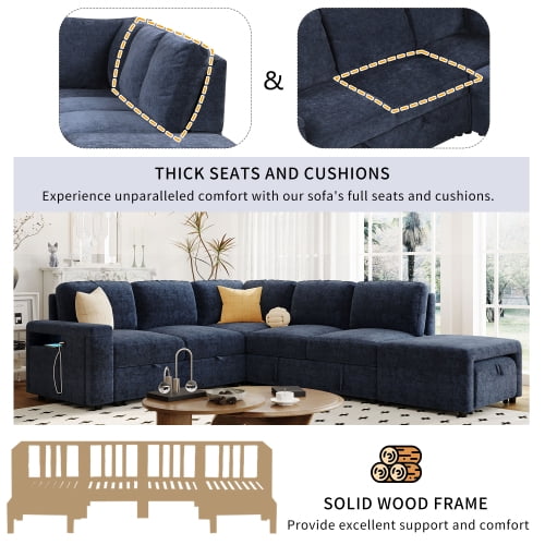 U_STYLE L-Shaped Pull-Out Sofa Bed with Storage, USB Ports & Cup Holders, Modular Convertible Sleeper for Living Rooms, Offices & Apartments, Blue