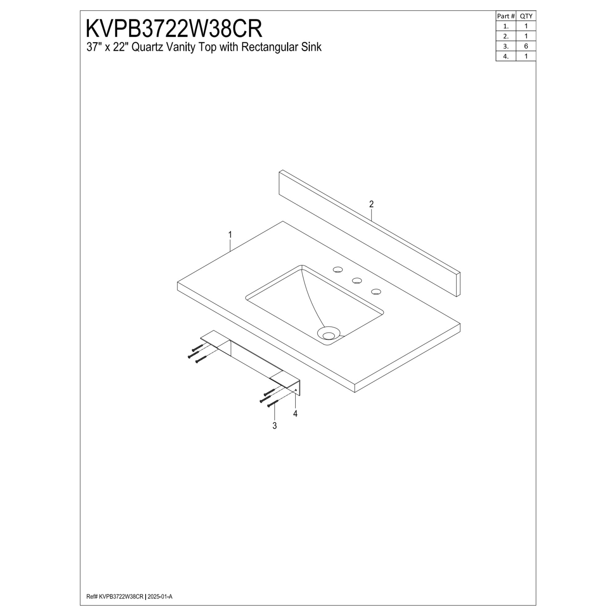 Kingston Brass KVPB3722W38CR Ferrara 37-Inch Quartz Vanity Top (8" Faucet Drillings) in Quartz White