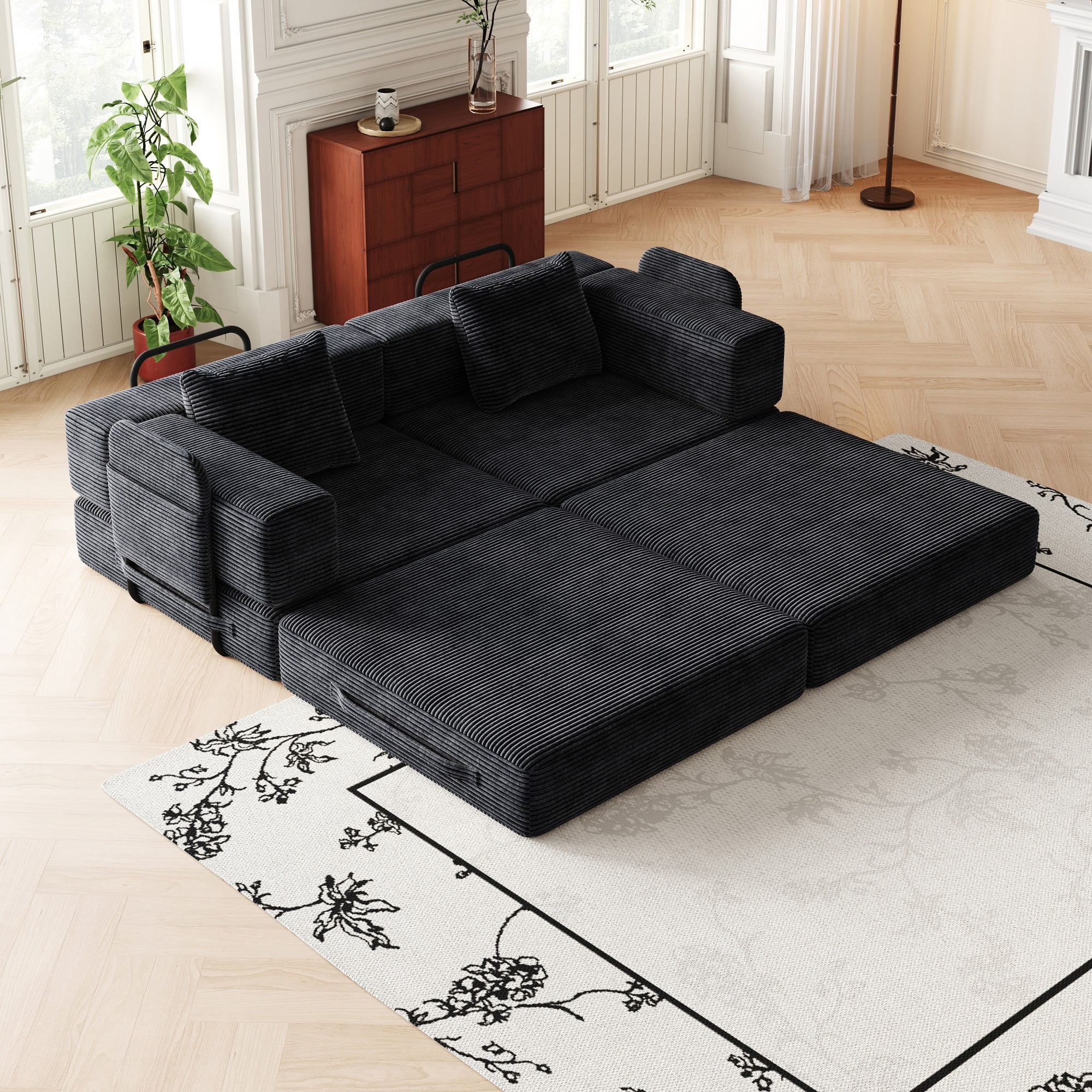 72" Convertible Corduroy Sofa Bed,Folding Sleeper Couch with Two Side Storage Pockets & Two Cushions for Living Room,Bedroom,Black