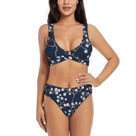 Zeuib Cherry Blossoms on Navy Background High Waisted Tummy Control Bikini Set - Knot Front Push Up Top & Cheeky Thong Bottom  Two-Piece Swimsuit for Women-Small