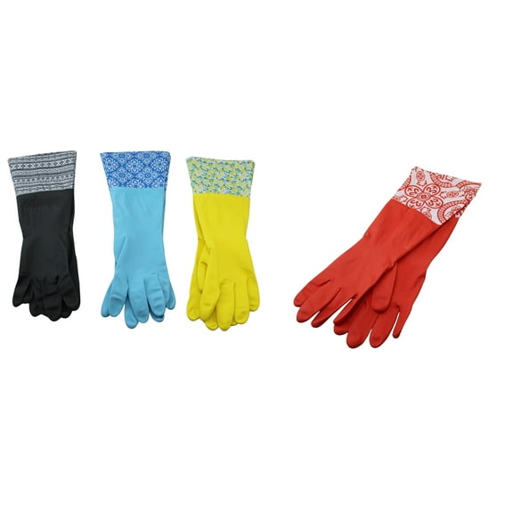 Dependable Industries 4 Pair Decorative Boutique Latex Cleaning Dish Washing Gloves with Fancy Cuff Assorted Colors