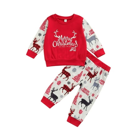

Qiylii Baby Christmas Clothes Set Deer Print Tops+Elastic Waist Trousers
