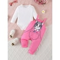 thumbnail image 2 of Suealasg Toddler Girl Fall Winter Outfits Long Sleeve Romper + Cat Print Overall Pants Set 6M 1T 2T 3T Baby Girl Clothes 2Pcs Infant Girl Pants Sets, 2 of 6