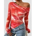 thumbnail image 3 of PRETTYGARDEN Womens Fall Trendy Off Shoulder Y2k Tops Tie Dye Mesh Long Sleeve Shirts Asymmetrical Ruched Floral Blouse, 3 of 8