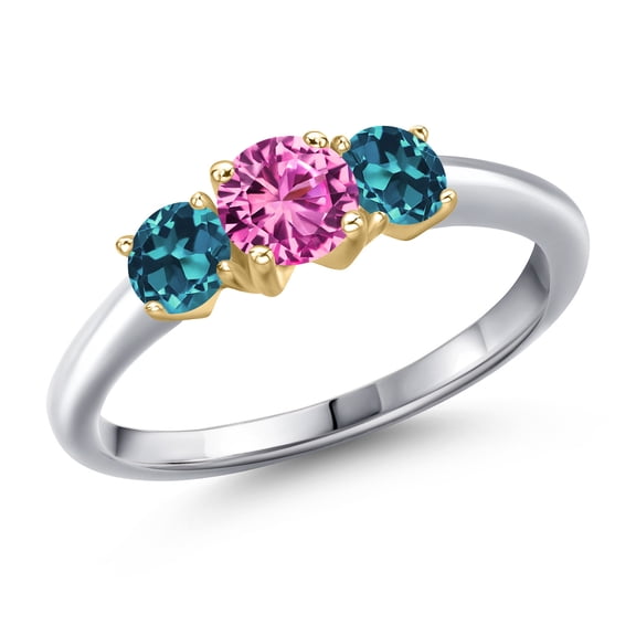 Gem Stone King 925 Silver and 10K Yellow Gold Pink Created Sapphire and London Blue Topaz Engagement Ring for Women | 1.21 Cttw | Round 5MM | Gemstone September Birthstone | Size 6