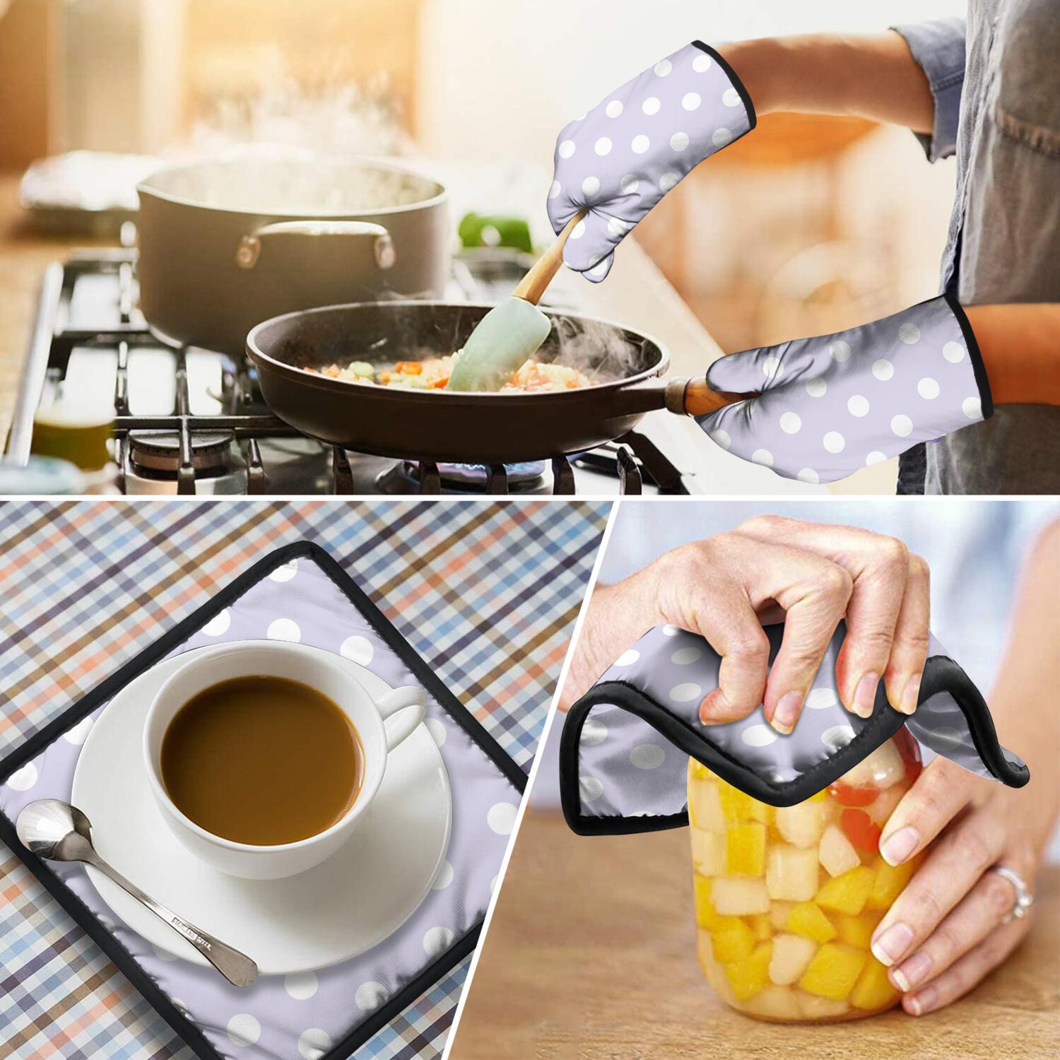 Oven Mitts and Pot Holders Set Of 4, Heat Resistant Kitchen Gloves with Non-Slip Grip, Hanging Loop, Soft Cotton Lining for Baking, Cooking, Grilling, Barbecue