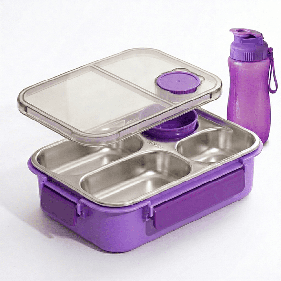 ROSEXIXI Lunch Box, 900ml 2-Compartment Stainless Steel Bento Box, Portable Leakproof Food Containers with 600ml Water Bottle and Utensils for Office Work and Picnic