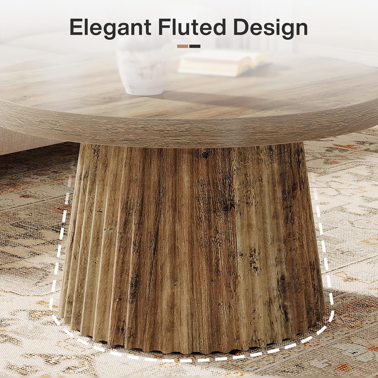 Finmind 31.5" Round Coffee Table, Farmhouse Drum Table with Fluted Base for Living Room, Brown