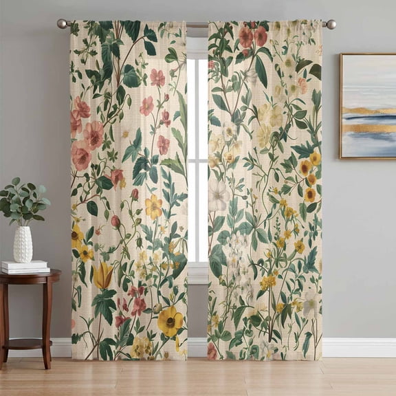 Green Botanical Semi Sheer Curtains 96 Inch Length 2 Panels Set, Vintage Plant Flowers Garden Leaf Motifs Sheer Kitchen Curtain Privacy Voile Window Curtain for Living Room Bedroom Rod Pocket Drapes