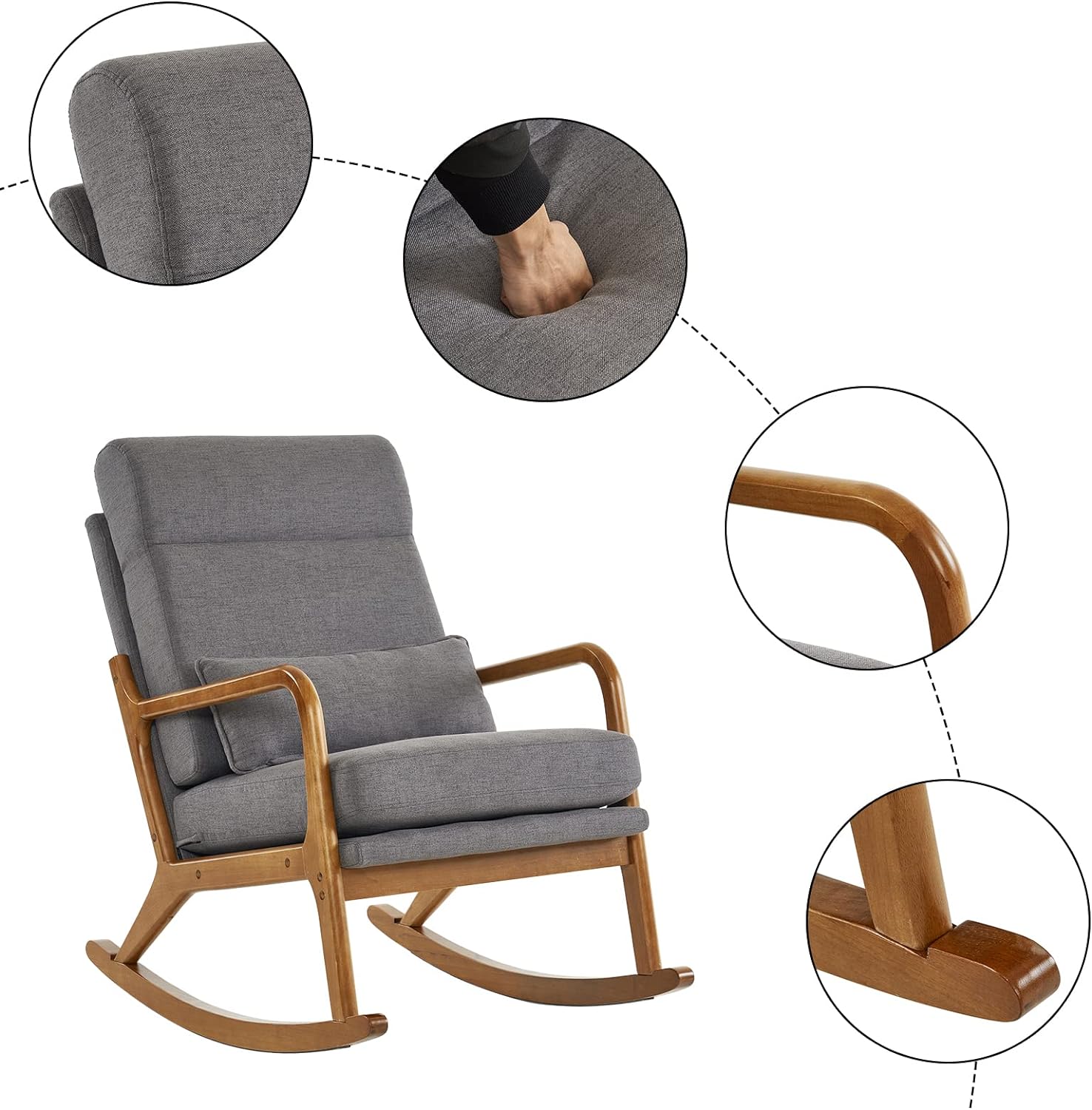 Nursery Rocking Chair Removable Glider Rocker High Backrest Rocking Armchair Mid-Century Accent Chair with Lumber Pillow for Bedroom, Living Room, Nursery, Dark Gray