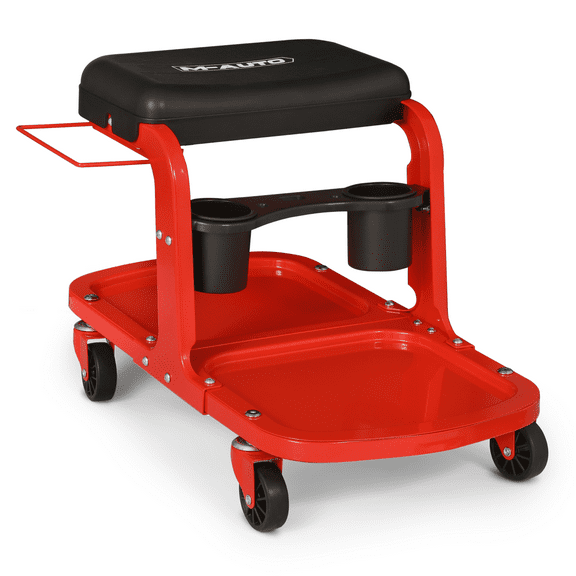 M-AUTO Rectangular Rolling Creeper Garage Seat Padded Mechanic Stool with Extended Tool Tray Storage, 350 lbs Capacity - Red