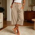 thumbnail image 2 of Ltctricy Wide Leg Capri Pants for Women Loose Fit Drawstring Lounge Pants with Pockets Comfy Casual Yoga Pants(Khaki,Medium), 2 of 7